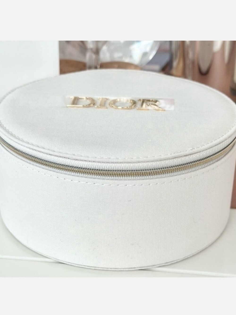 New W Box Dior Denium Round  Solid Cosmetic Case, Gold Zipper.  Small - Medium
